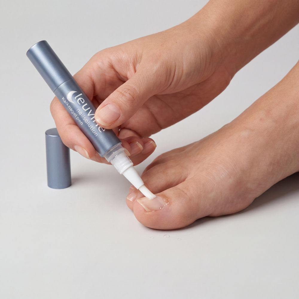 Hand brengt de Leuvine nagelpen aan op een teennagel
