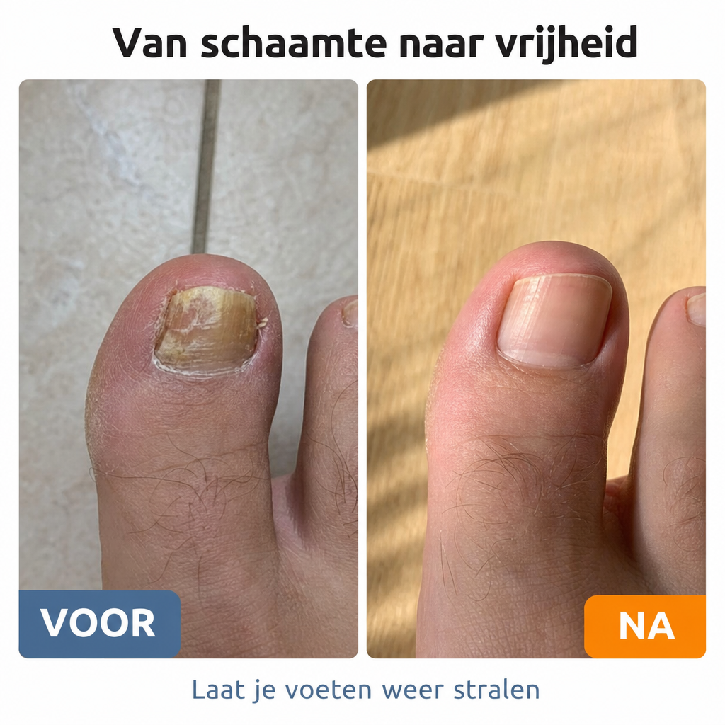 Voor-en-na vergelijking van een teennagel bij gebruik van Leuvine
