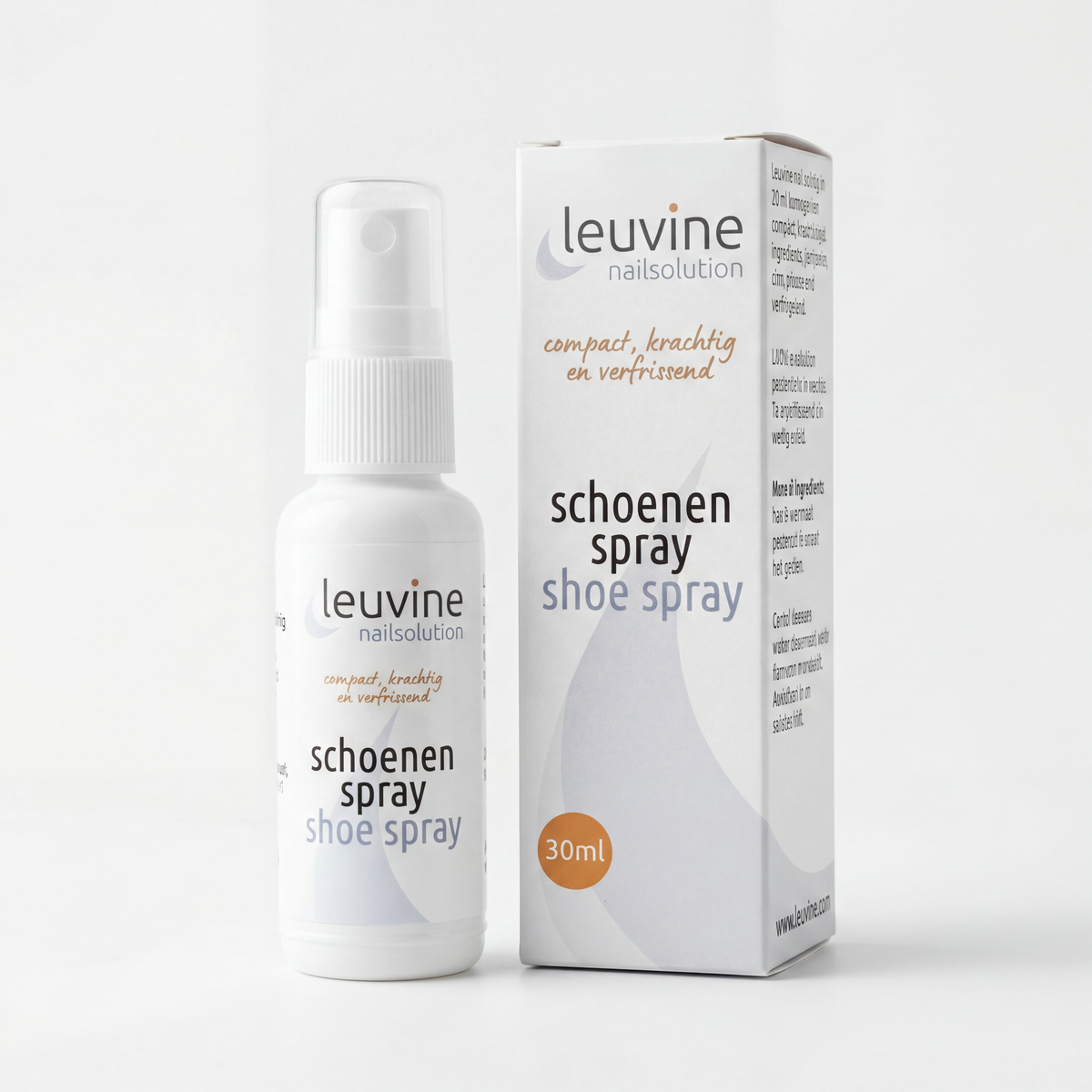 Leuvine schoenenspray van 30 ml naast de doosje-verpakking