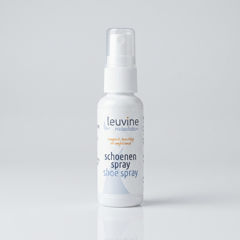 Witte Leuvine schoenenspray met verstuiver op een lichtgrijze achtergrond